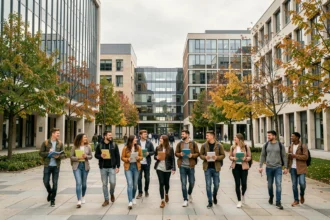 Groupe d'étudiants en école de commerce marchant sur un campus universitaire moderne du Val-de-Marne