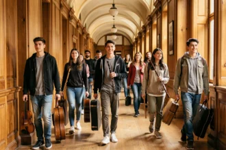 Des étudiants en musique dans le couloir d'une école de musique à Lyon, portant des étuis à instruments variés
