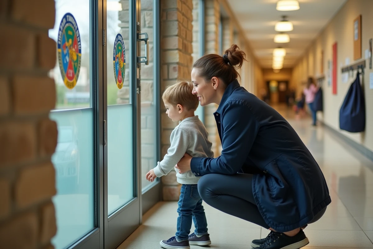 Mère et enfant observant le logo d'une école primaire sur une porte en verre à l'entrée de l'établissement