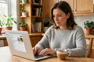 Mère connectée à l'extranet scolaire PSB sur son ordinateur portable dans la cuisine familiale