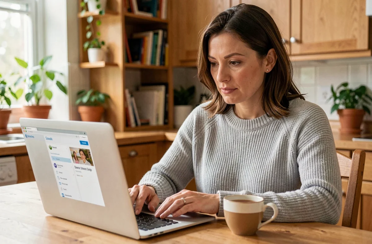 Mère connectée à l'extranet scolaire PSB sur son ordinateur portable dans la cuisine familiale