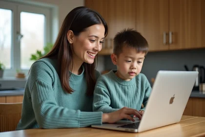 Mère et fils consultant la plateforme ONE connect opendigitaleducation com sur un ordinateur portable à la cuisine