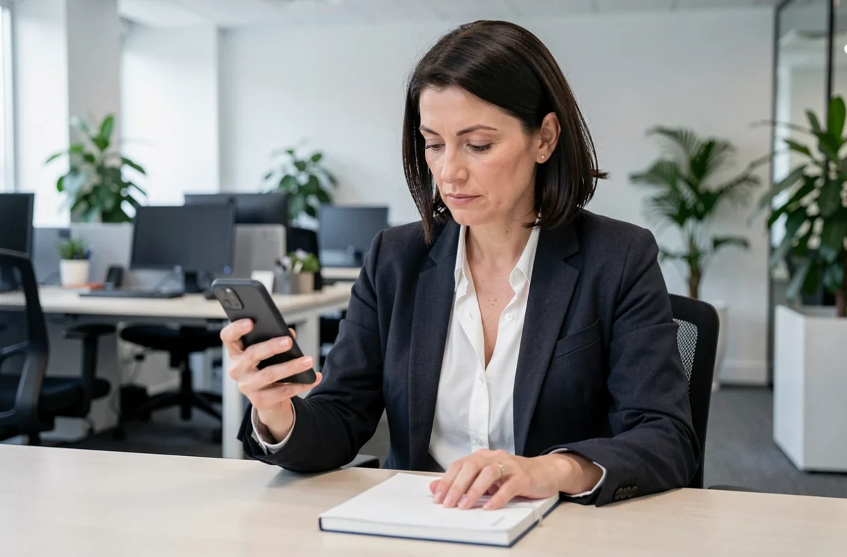 Mère vérifiant les résultats scolaires de son enfant sur l'extranet PSB depuis son smartphone au bureau