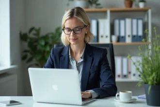 Femme professionnelle consultant sa messagerie universitaire AC Strasbourg sur un ordinateur portable au bureau