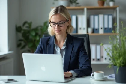 Femme professionnelle consultant sa messagerie universitaire AC Strasbourg sur un ordinateur portable au bureau