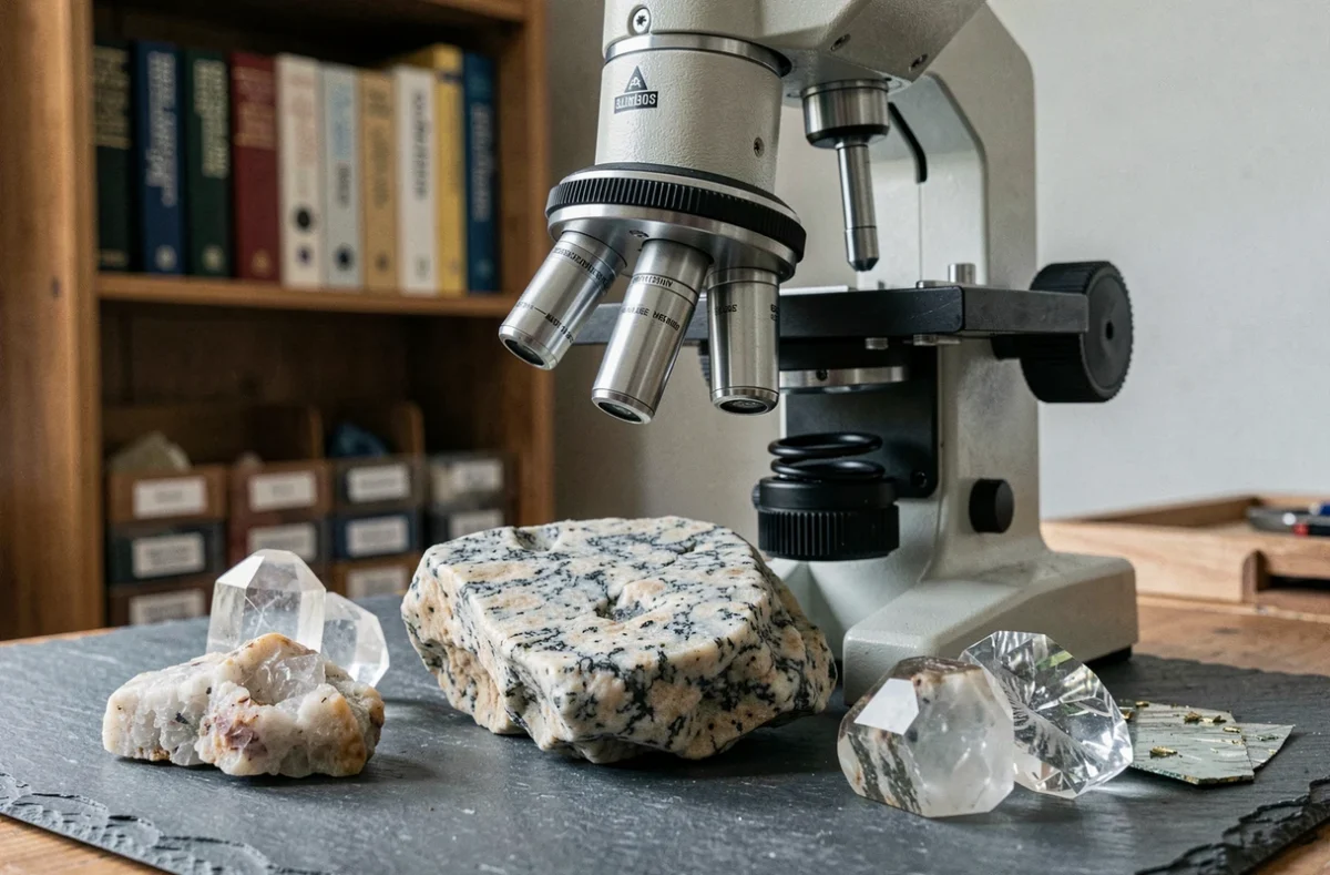 Microscope stéréo zoom posé sur des échantillons de minéraux et de granit sur un plan de travail en ardoise pour l'observation géologique
