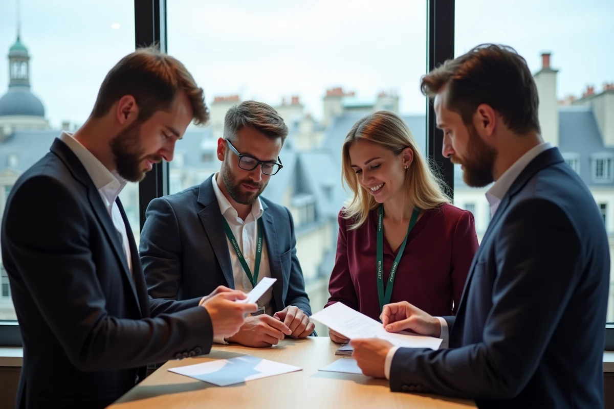 Professionnels du marketing en networking lors d'une pause conférence digitale à Paris avec vue sur les toits haussmanniens