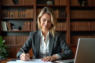 Notaire femme en costume consultant des offres d'emploi notarial sur ordinateur dans un bureau juridique formel en 2026