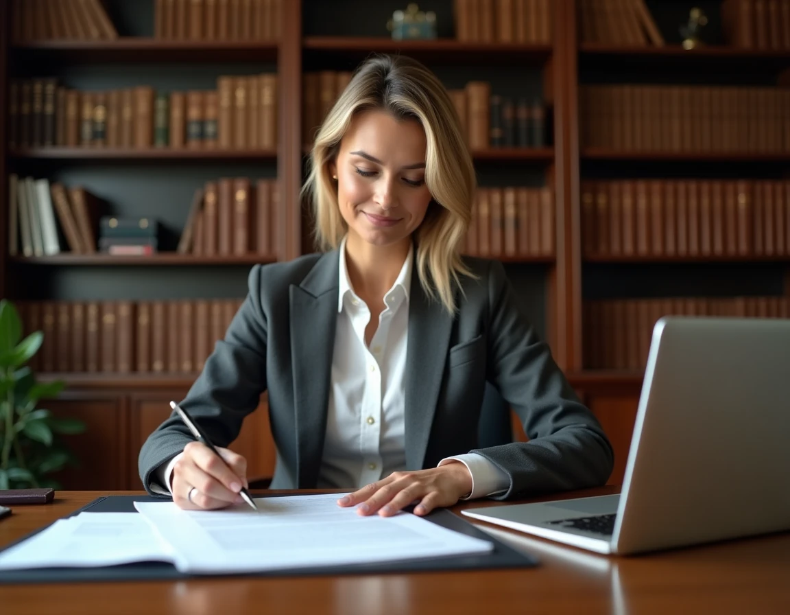 Notaire femme en costume consultant des offres d'emploi notarial sur ordinateur dans un bureau juridique formel en 2026