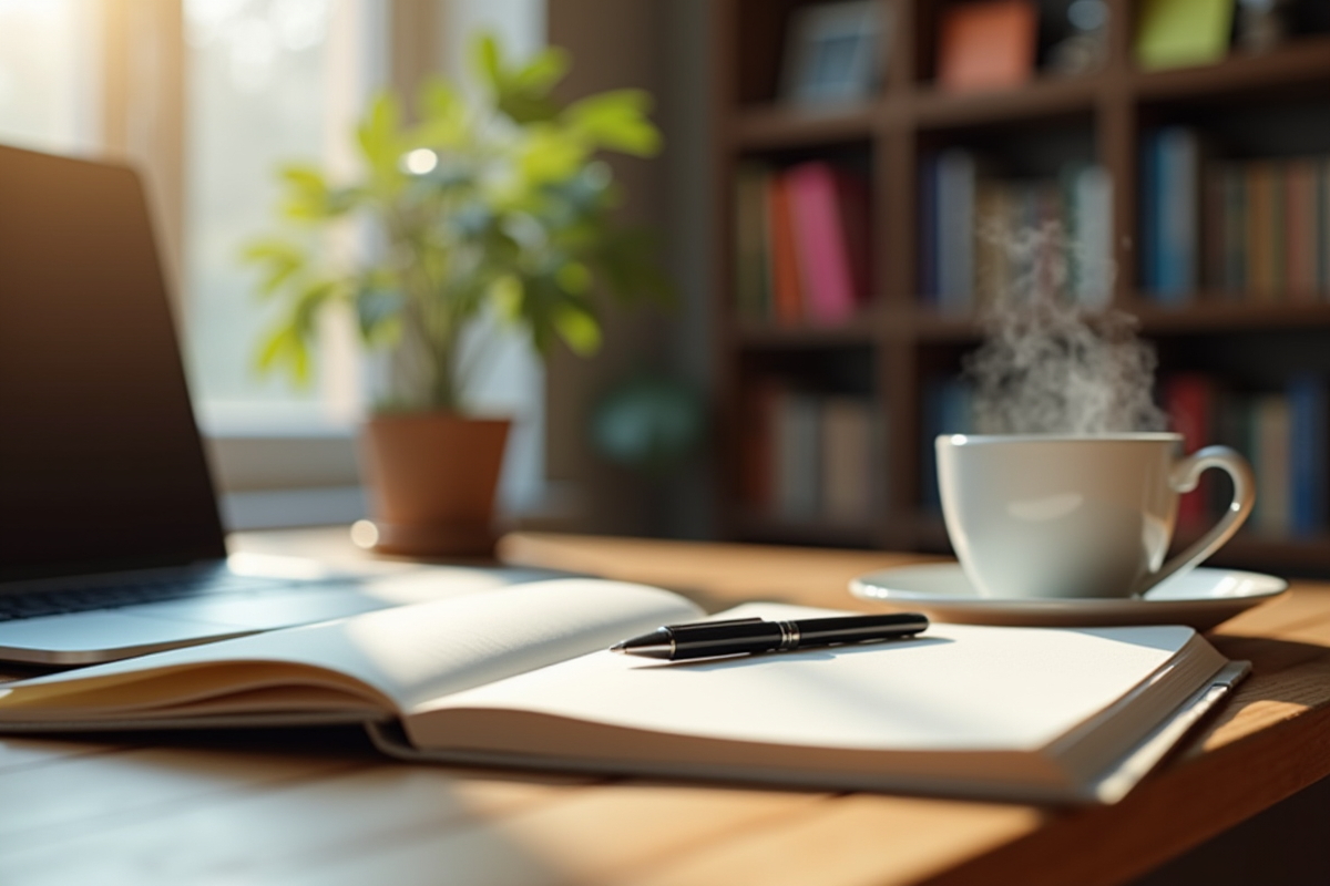 Ordinateur portable et carnet ouvert sur un bureau à la maison