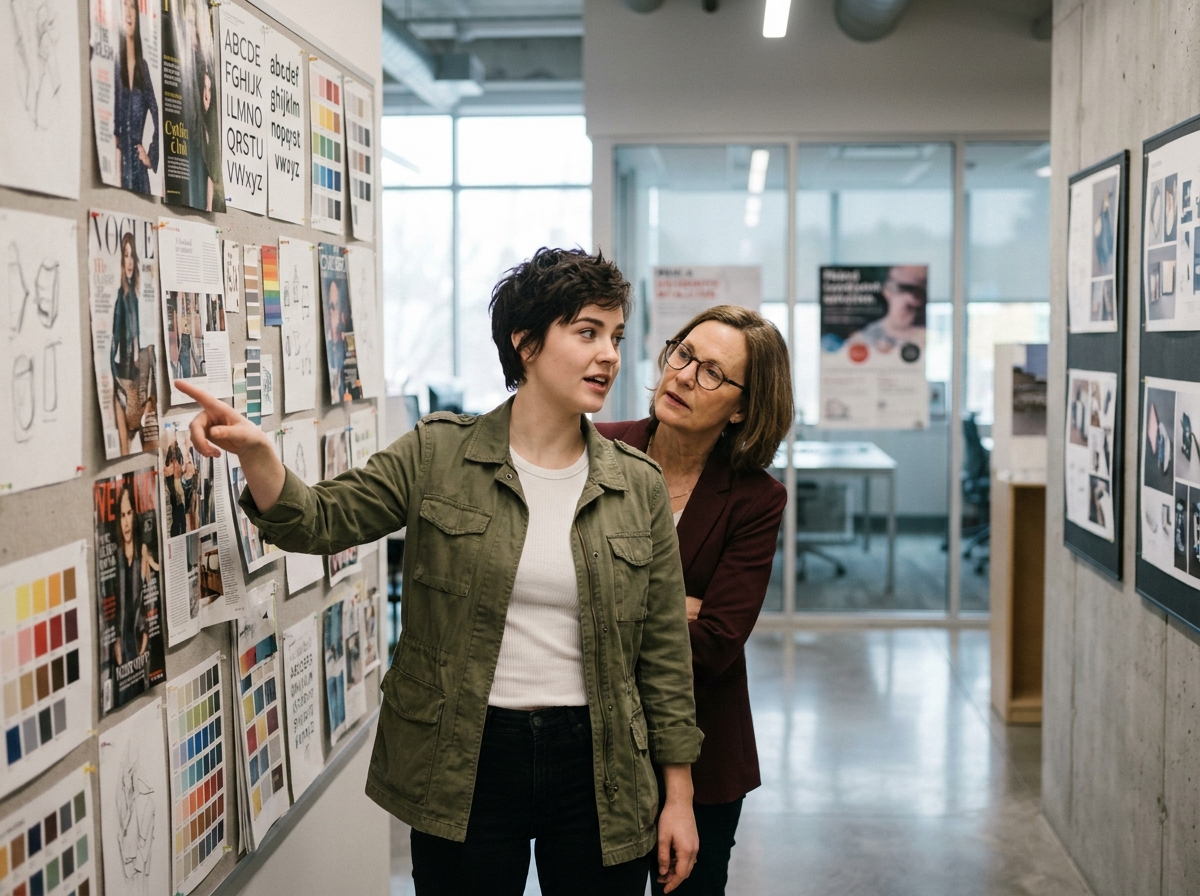 Étudiante en design discutant de son orientation avec une conseillère pédagogique devant un tableau de moodboards dans un couloir d'école d'arts appliqués