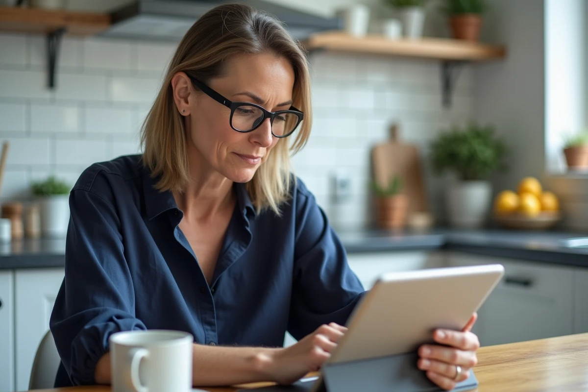 Mère de famille vérifiant les devoirs et l'emploi du temps de son enfant sur l'application OZE 92 depuis une tablette
