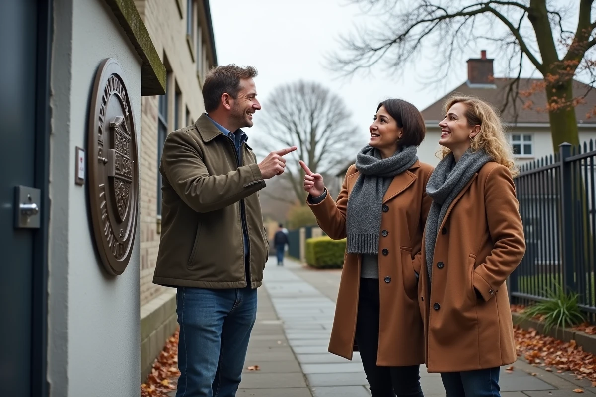 Groupe de parents d'élèves observant l'emblème métallique d'une école sur le mur d'entrée de l'établissement en automne