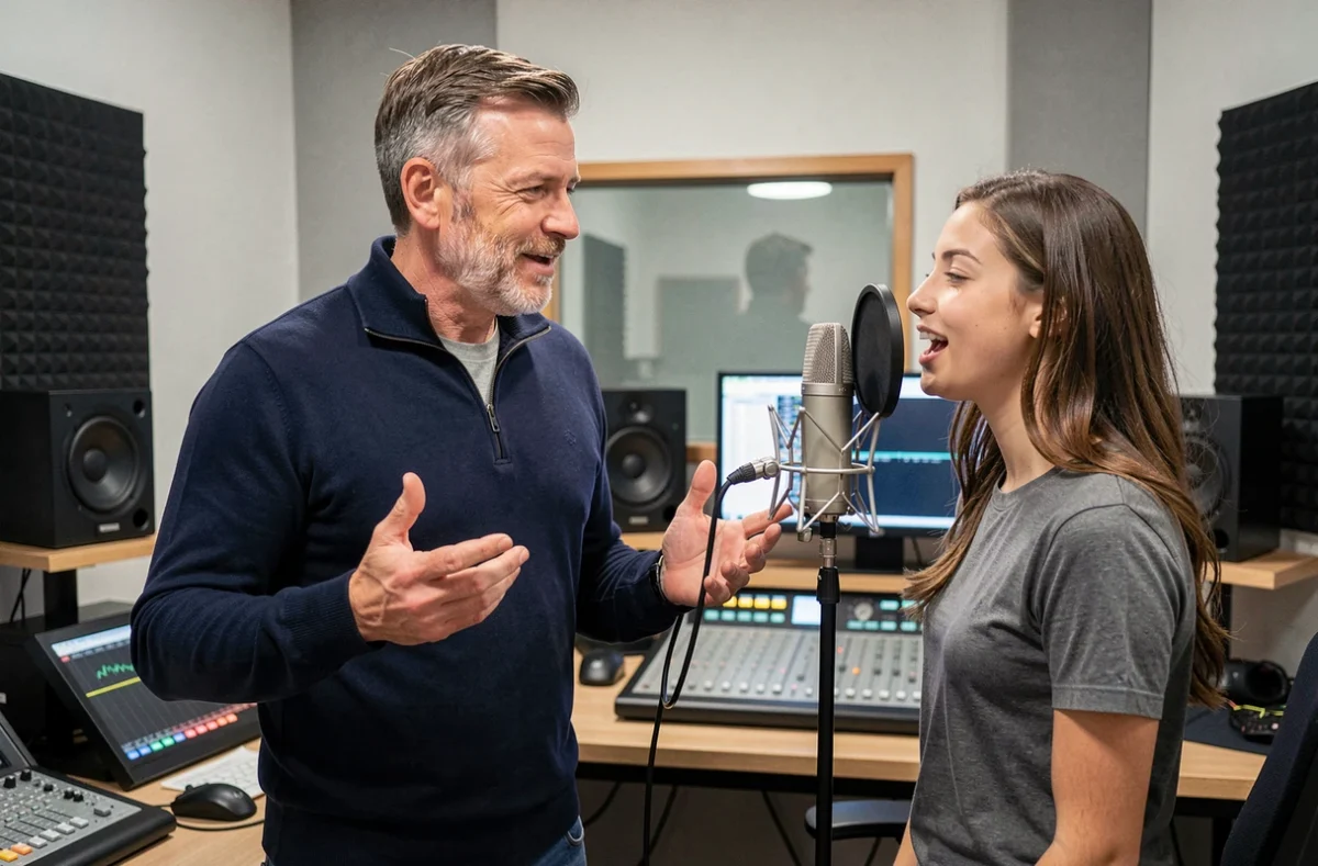 Paul Huger coache une élève en chant dans son studio de coaching vocal à Lyon