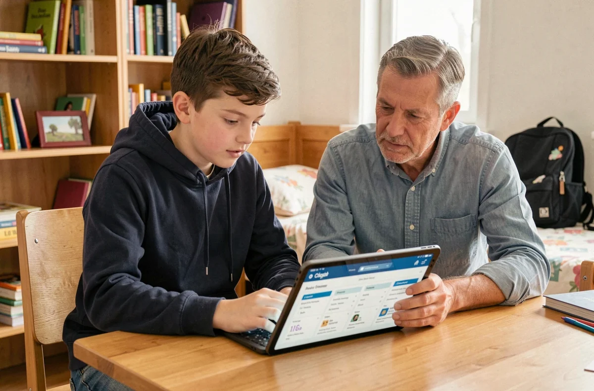 Père et fils consultant ensemble le suivi scolaire sur l'extranet PSB via une tablette