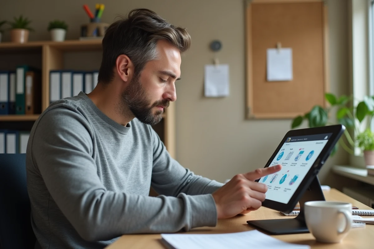 Père utilisant une tablette pour accéder à l'espace numérique scolaire ONE depuis son bureau à domicile