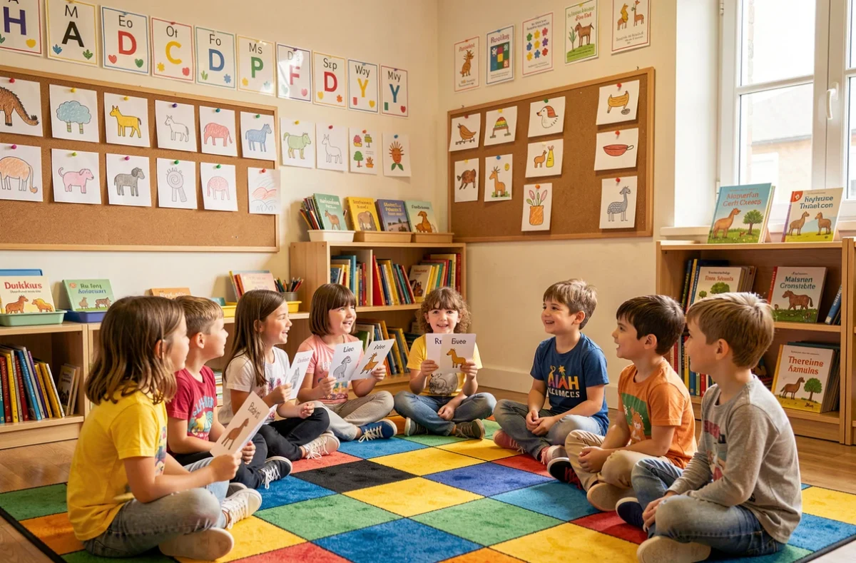 Enfants du primaire participant à un cours d'anglais ludique dans une école Les Petits Bilingues à Rouen