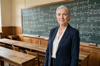 Professeure de mathématiques financières devant un tableau couvert d'équations dans un amphithéâtre universitaire