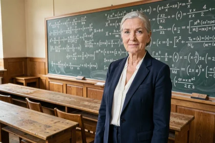 Professeure de mathématiques financières devant un tableau couvert d'équations dans un amphithéâtre universitaire