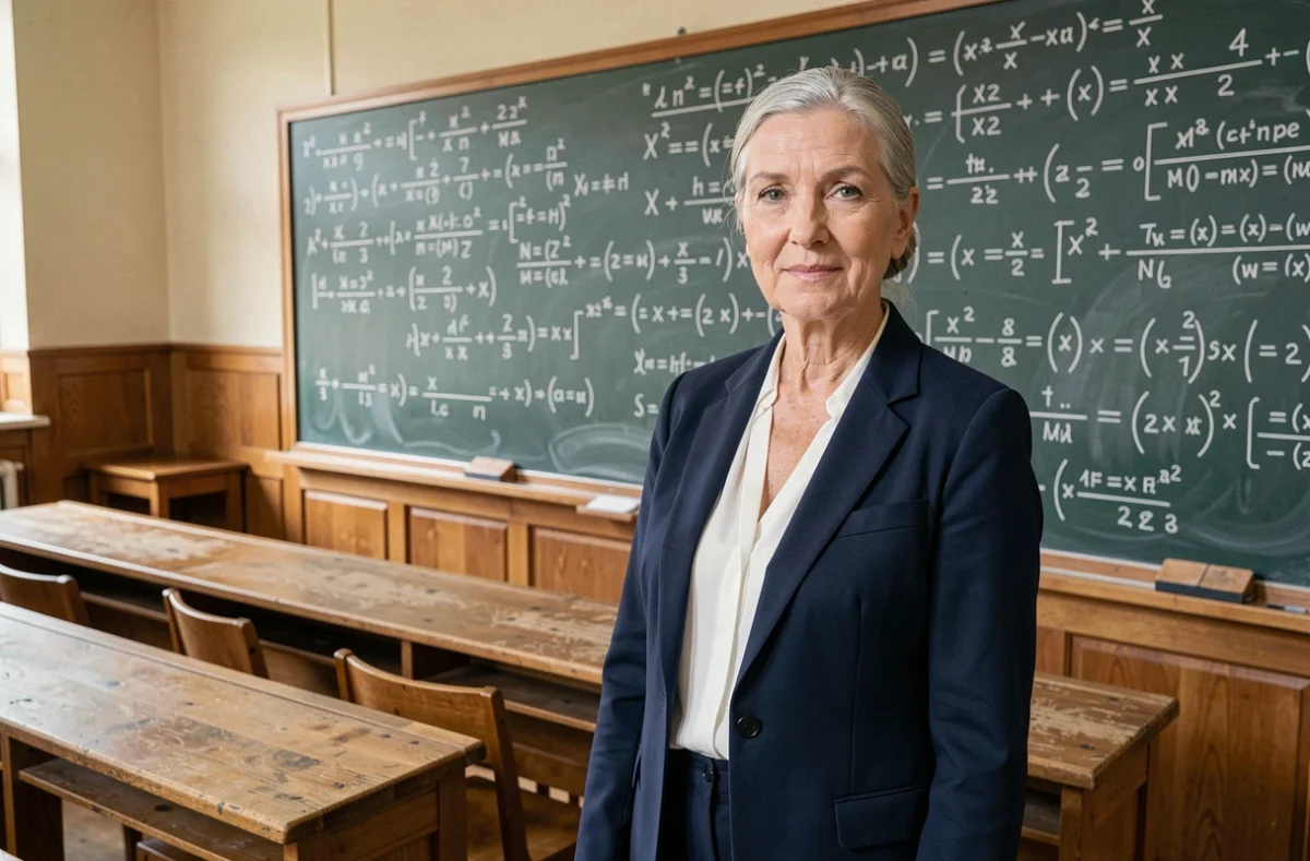 Professeure de mathématiques financières devant un tableau couvert d'équations dans un amphithéâtre universitaire