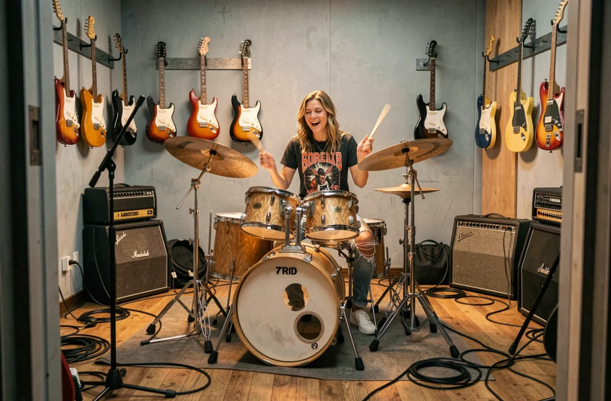 Une batteuse joue dans la salle de répétition moderne de Plug N' Play Music School
