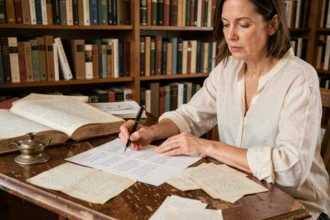 Femme poète écrivant une strophe de six vers dans une bibliothèque chaleureuse entourée de livres de poésie