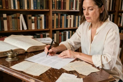 Femme poète écrivant une strophe de six vers dans une bibliothèque chaleureuse entourée de livres de poésie