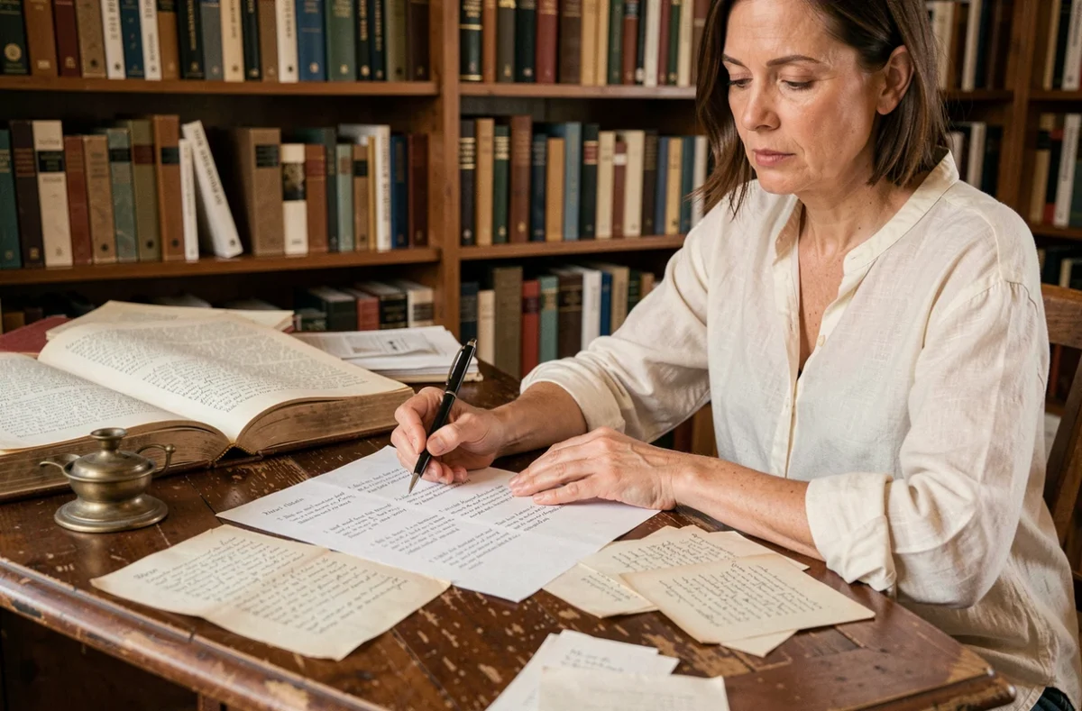 Femme poète écrivant une strophe de six vers dans une bibliothèque chaleureuse entourée de livres de poésie