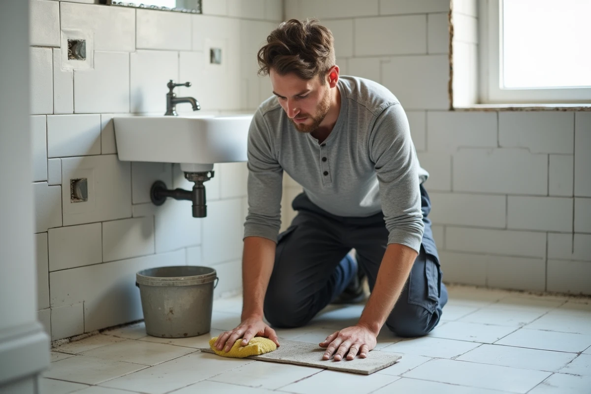 Homme posant du joint de carrelage dans une salle de bain en cours de rénovation