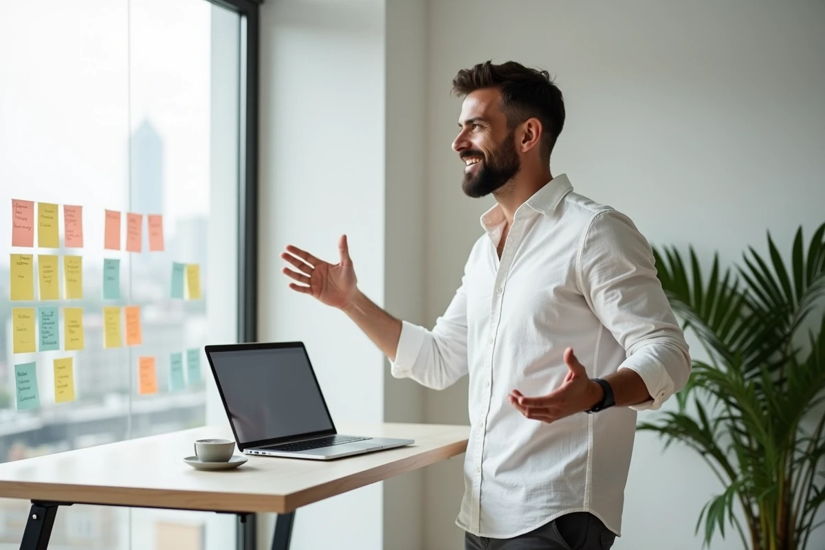 Homme pratiquant les expressions idiomatiques espagnoles avec le verbe avoir devant son ordinateur à domicile