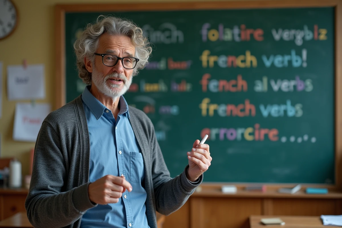 Professeur expliquant la conjugaison française devant un tableau