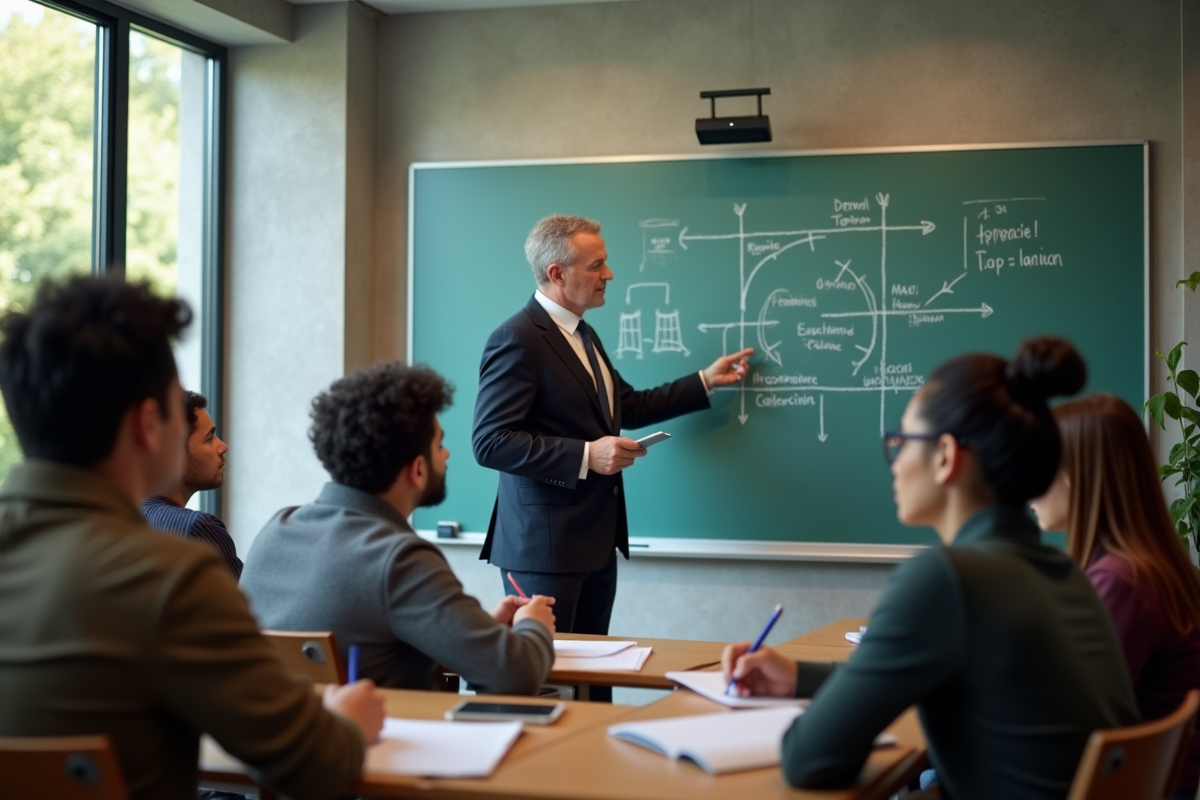 Professeur expliquant un diagramme à des étudiants en salle de cours