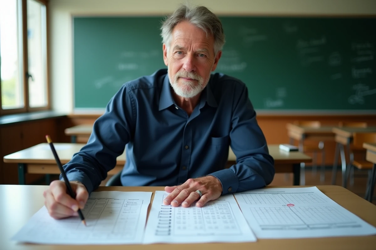 Professeur annotant une fiche de calcul de notes avec coefficients dans une salle de classe