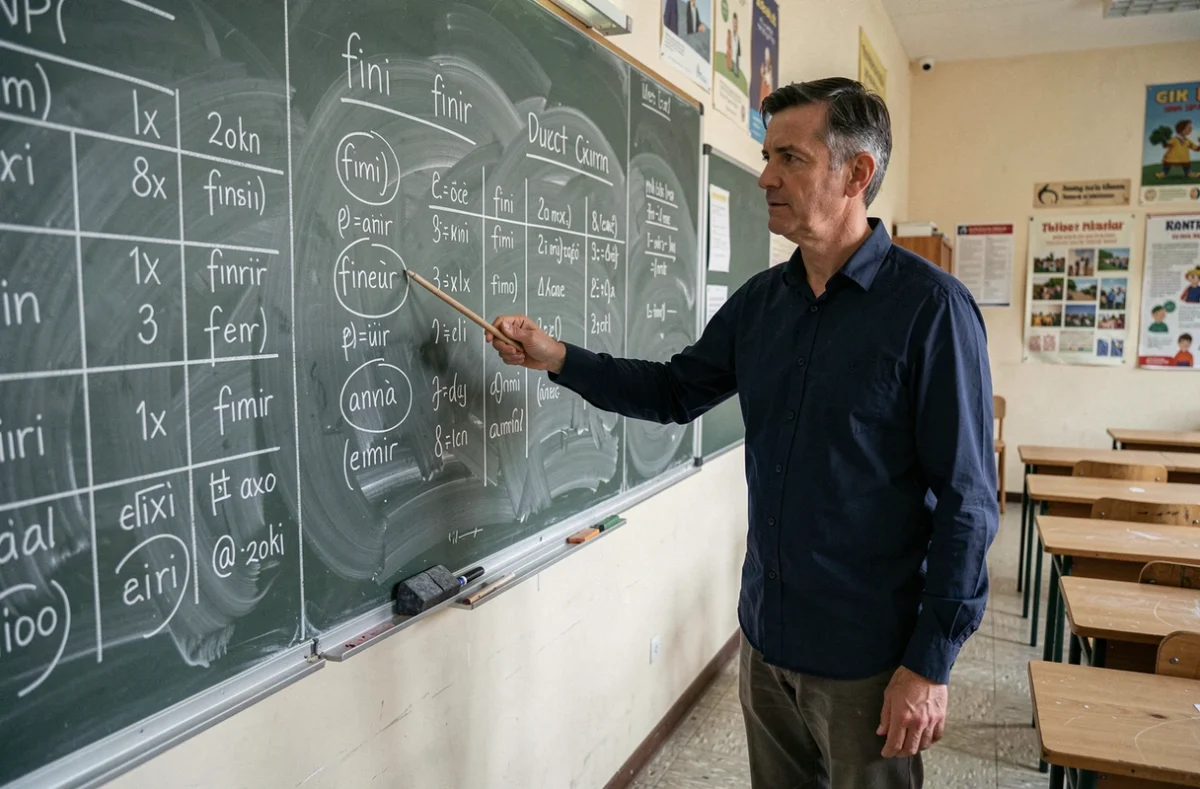 Professeur de français expliquant l'accord du participe passé des verbes en -ir au tableau d'une salle de classe