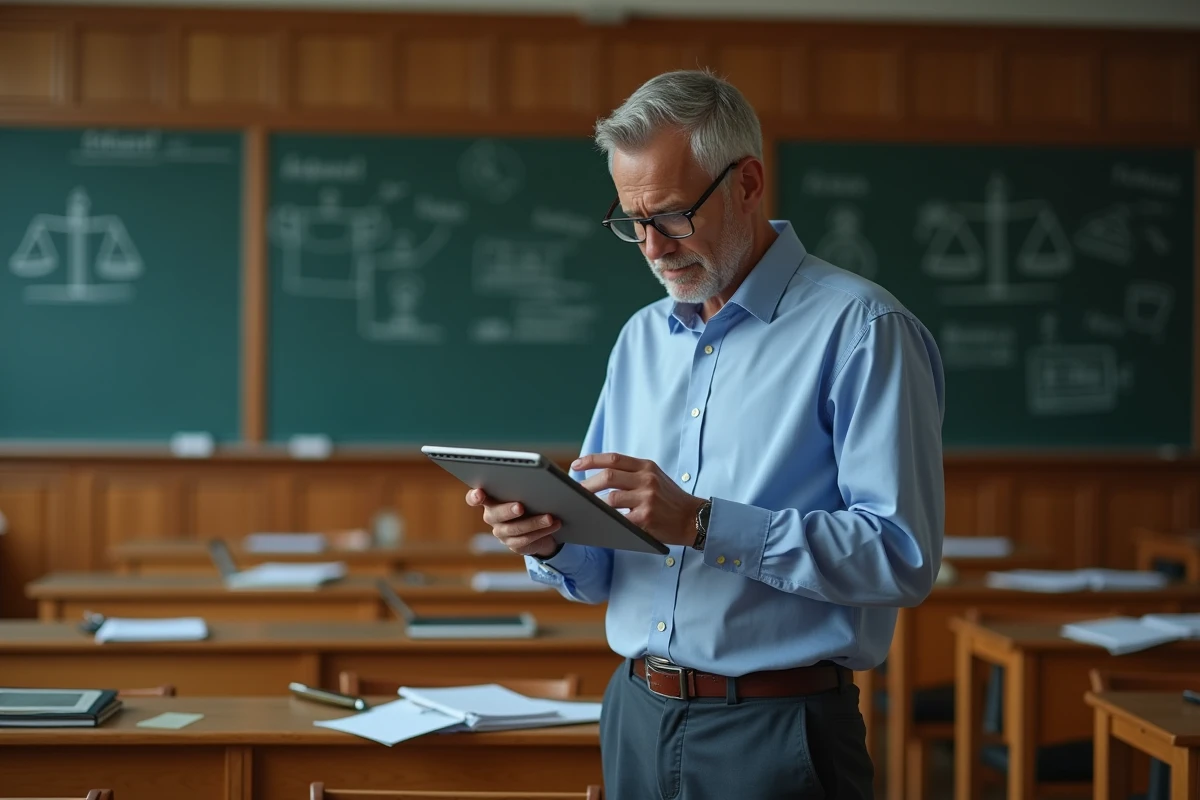 Professeur étudiant en amphithéâtre étudiant des notes juridiques