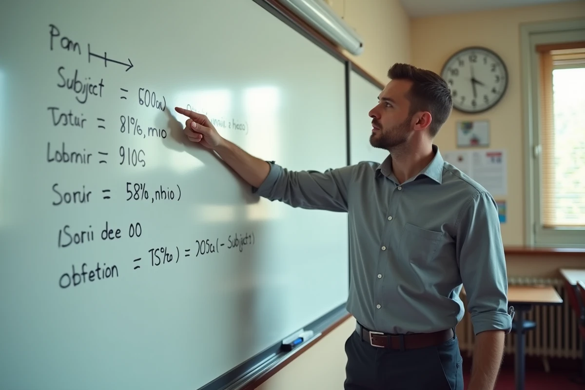Professeur de lycée expliquant le calcul de moyenne avec coefficients au tableau blanc devant une salle de classe
