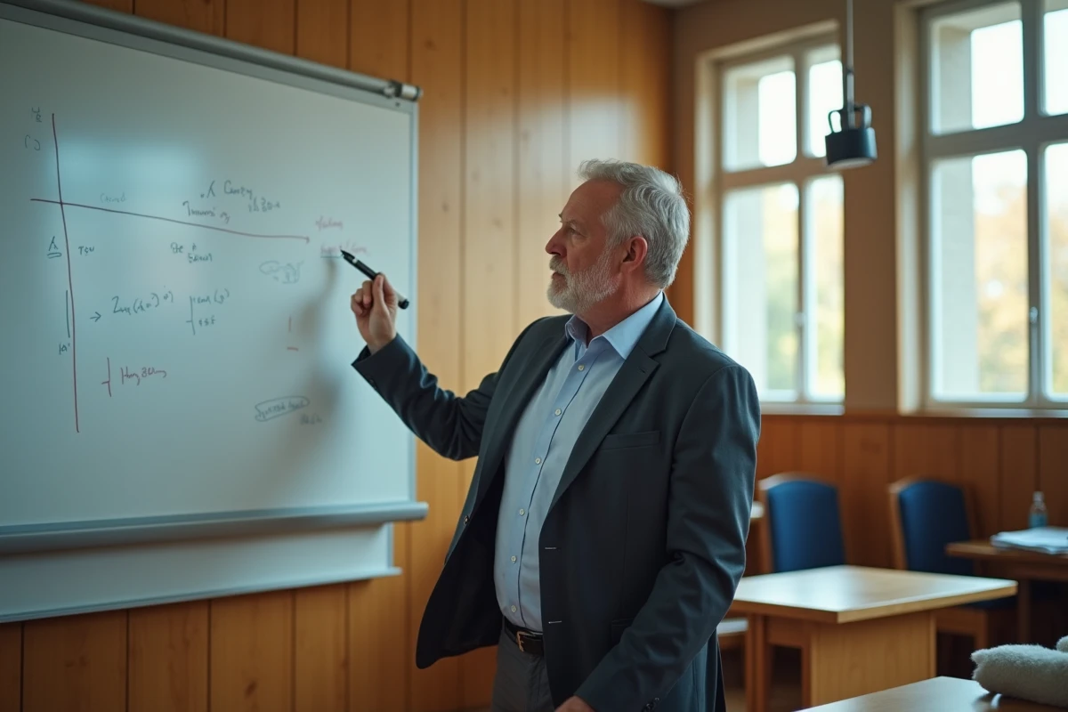 Professeur de mathématiques expliquant une courbe en amphi