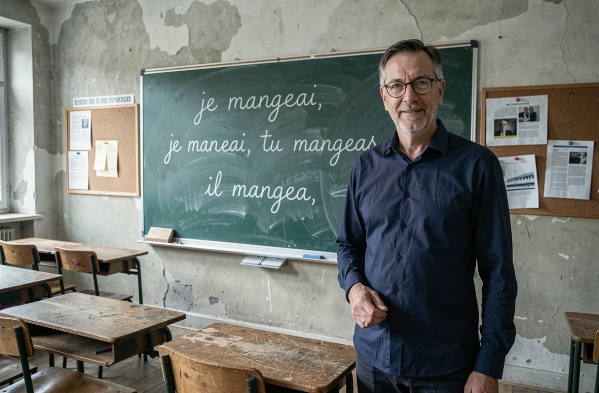 Professeur de français devant un tableau noir présentant la conjugaison du passé simple du verbe manger