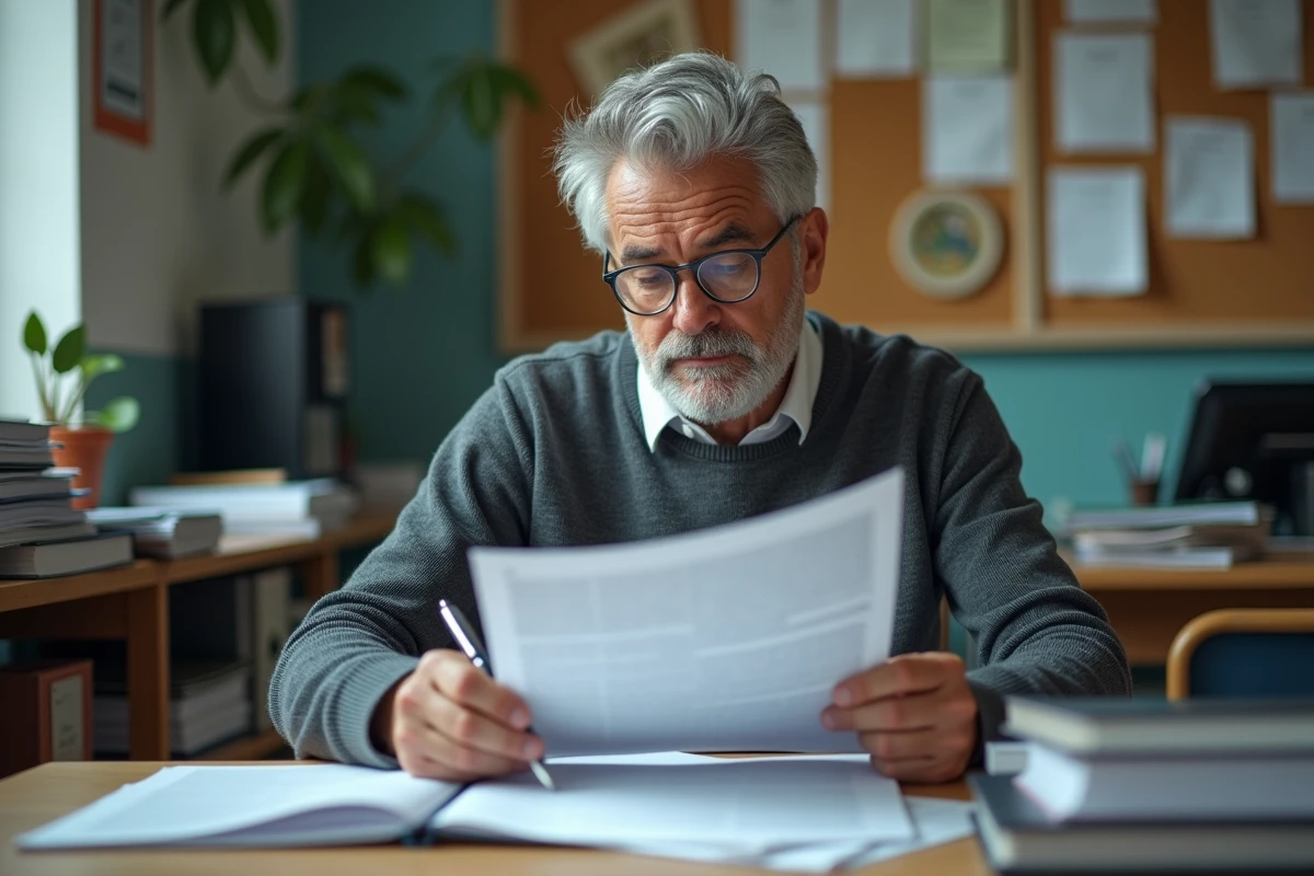 Enseignant lisant un document de politique éducative dans la salle des professeurs, contexte de réforme du système de primes