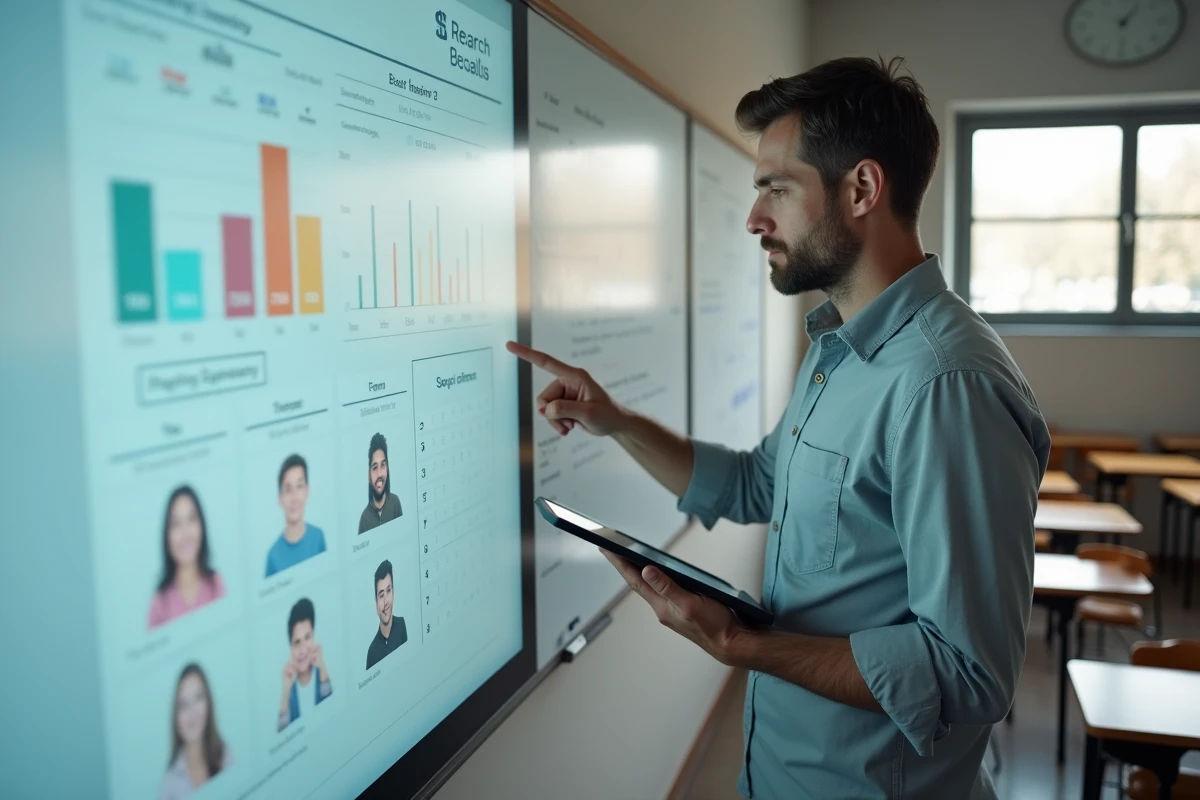 Professeur utilisant une tablette avec le logiciel Alcuin ESME pour afficher le suivi individualisé des élèves sur un tableau interactif en classe