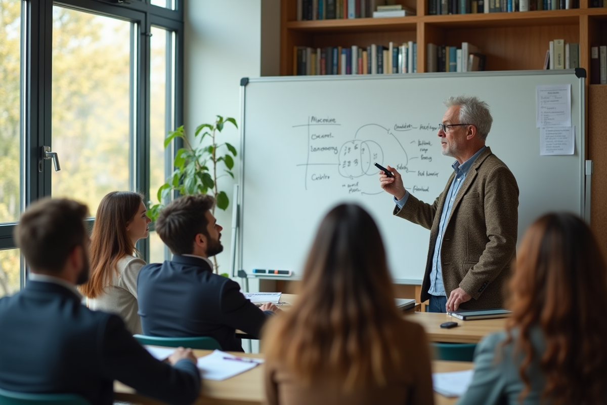 Professeur universitaire discutant avec étudiants dans une salle lumineuse