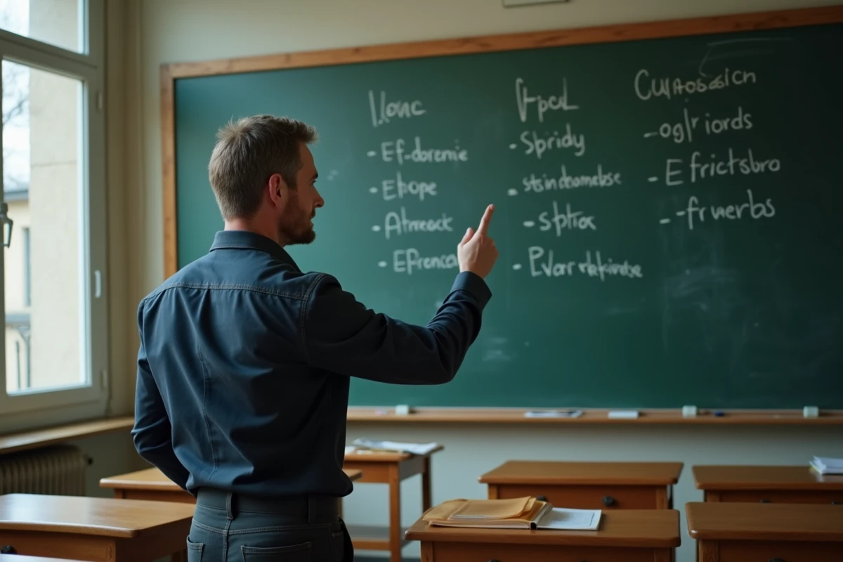 Professeur de français écrivant les conjugaisons de verbes irréguliers en ir au tableau dans une salle de classe