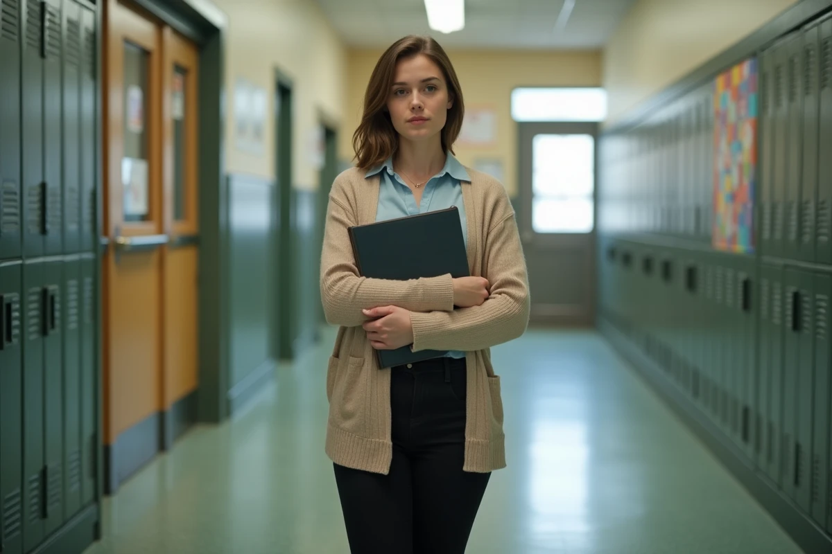 Jeune enseignante femme dans un couloir d école vide
