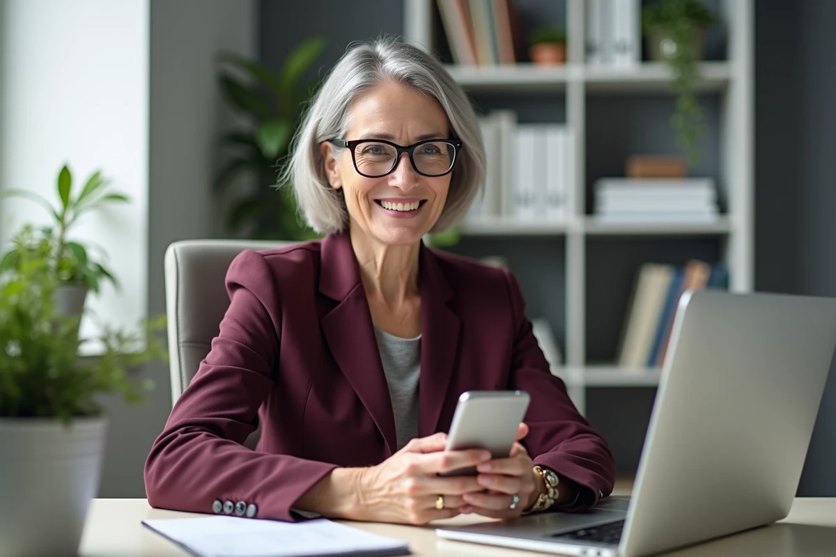 Femme professeure utilisant les services académiques PIA Grenoble sur mobile depuis son bureau à domicile
