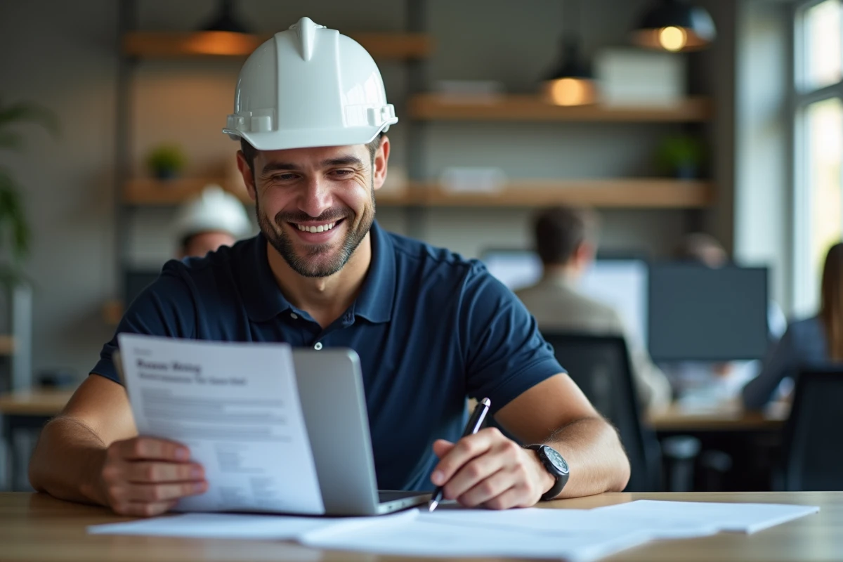 Professionnel du BTP consultant un site de formation CPF sur son ordinateur portable avec des documents de certification