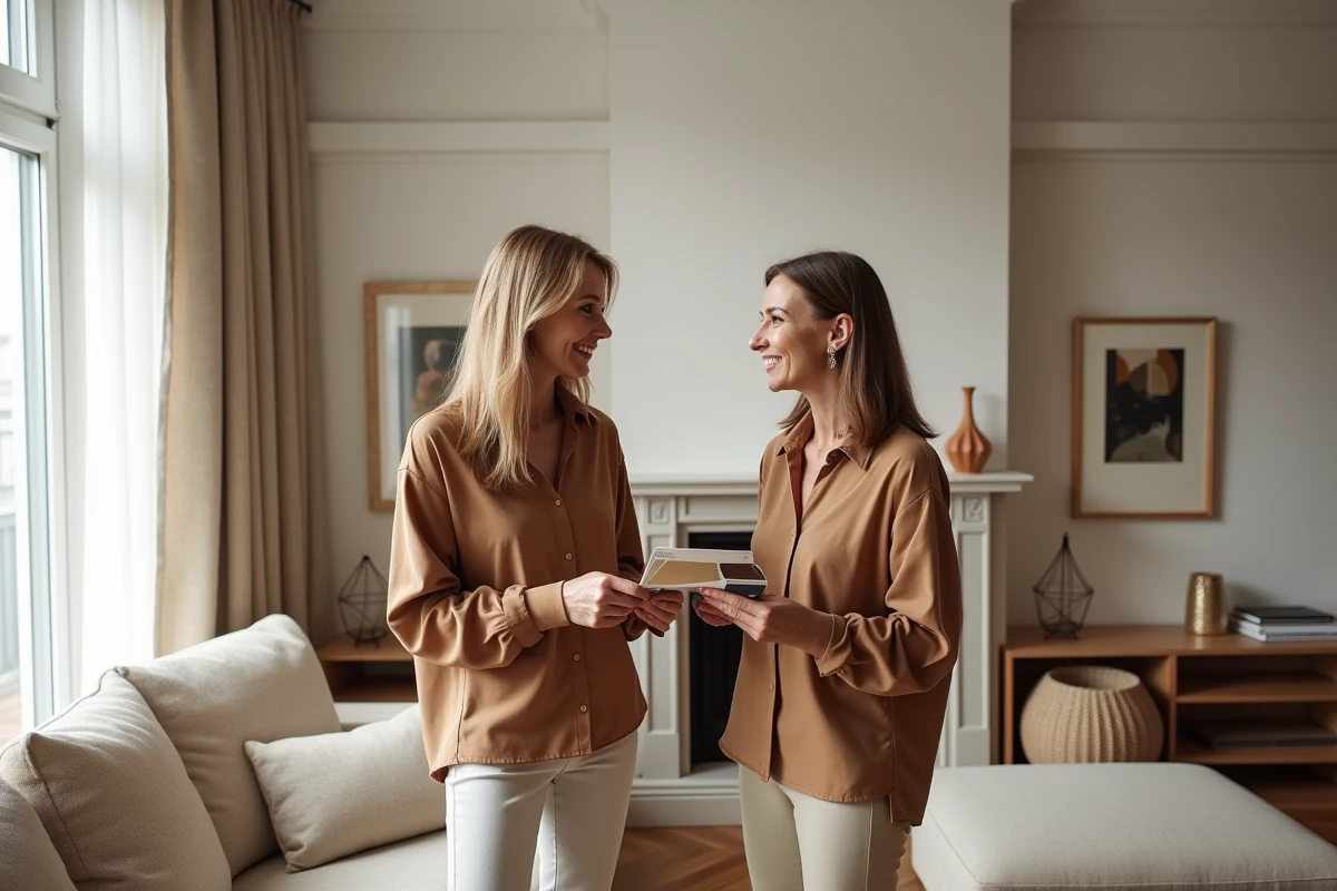 Deux femmes professionnelles en décoration intérieure discutant de l'aménagement d'un appartement témoin, tenant une palette de couleurs devant un salon contemporain stylisé