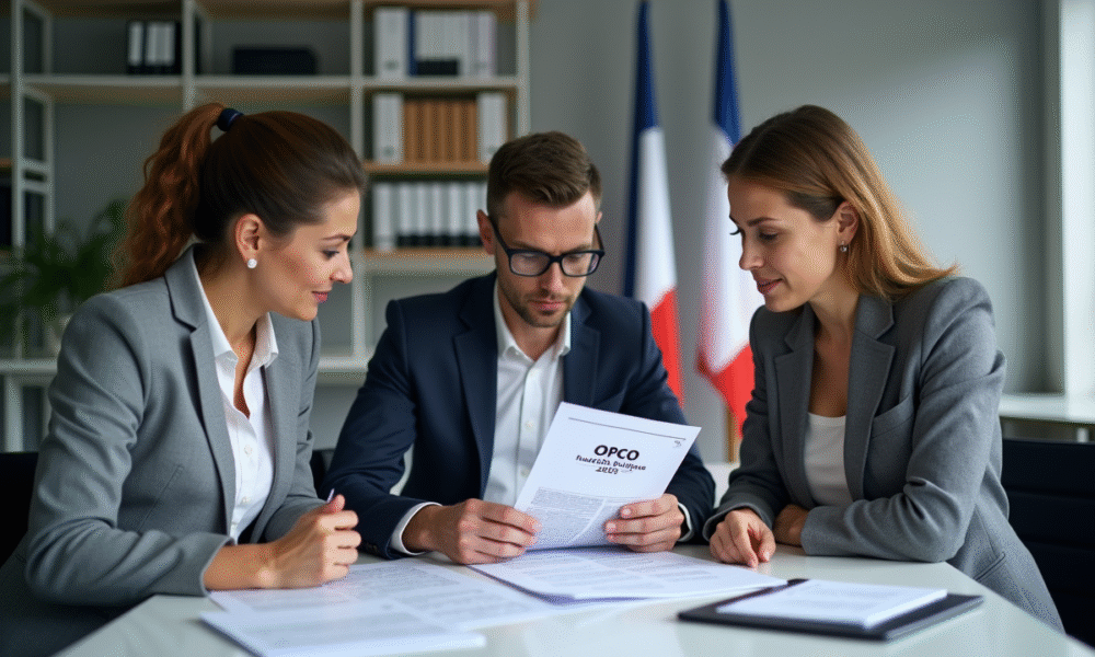 Groupe de professionnels en réunion avec documents OPCO 2025