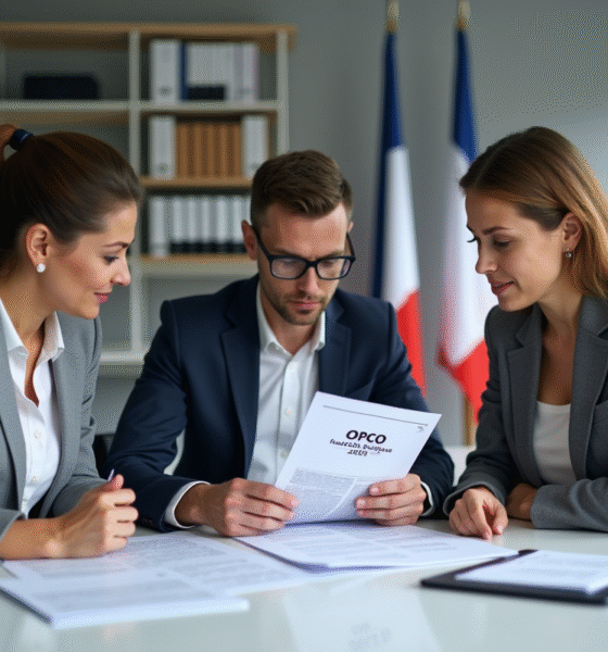 Groupe de professionnels en réunion avec documents OPCO 2025