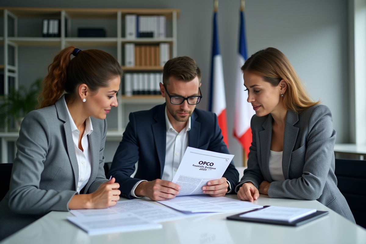 Groupe de professionnels en réunion avec documents OPCO 2025