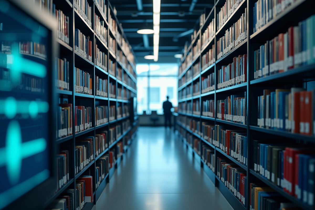 Rayonnage de bibliothèque avec livres et écrans numériques